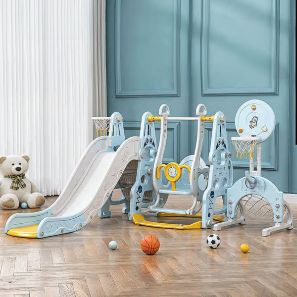 Laste 5-in-1 mängukompleks Kinderplay Astronaut - liumägi, kiik, korvpallirõngas, jalgpallivärav, pallid komplektis, sinine