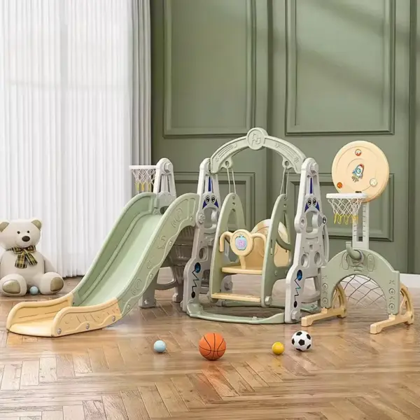 Laste 5-in-1 mängukompleks Kinderplay Astronaut - liumägi, kiik, korvpallirõngas, jalgpallivärav, pallid komplektis, roheline