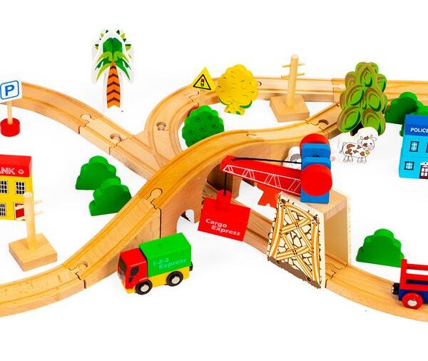 ECOTOYS puidust rongikomplekt raudteega, 74 osa