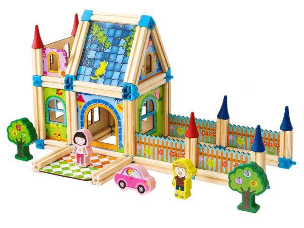 ECOTOYS puidust ehitusklotsid 6-in-1 majaehituseks, 128 osa