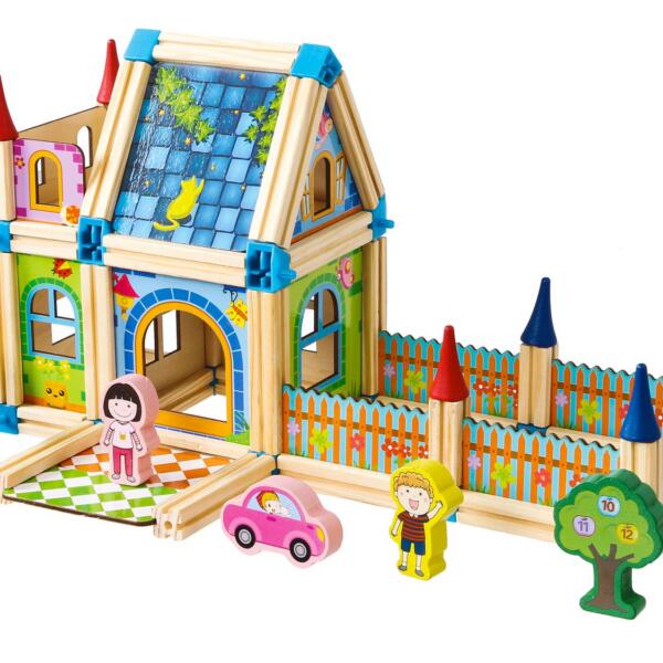 ECOTOYS puidust ehitusklotsid 6-in-1 majaehituseks, 128 osa