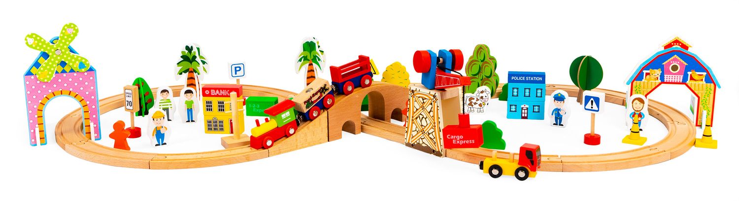 ECOTOYS puidust rongikomplekt raudteega, 74 osa - Pilt 2