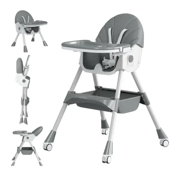 Lasteesikstool / mängutool vanuses 6-36 kuud, reguleeritava kõrgusega, eemaldatava lauakesega, turvarihmadega, hall