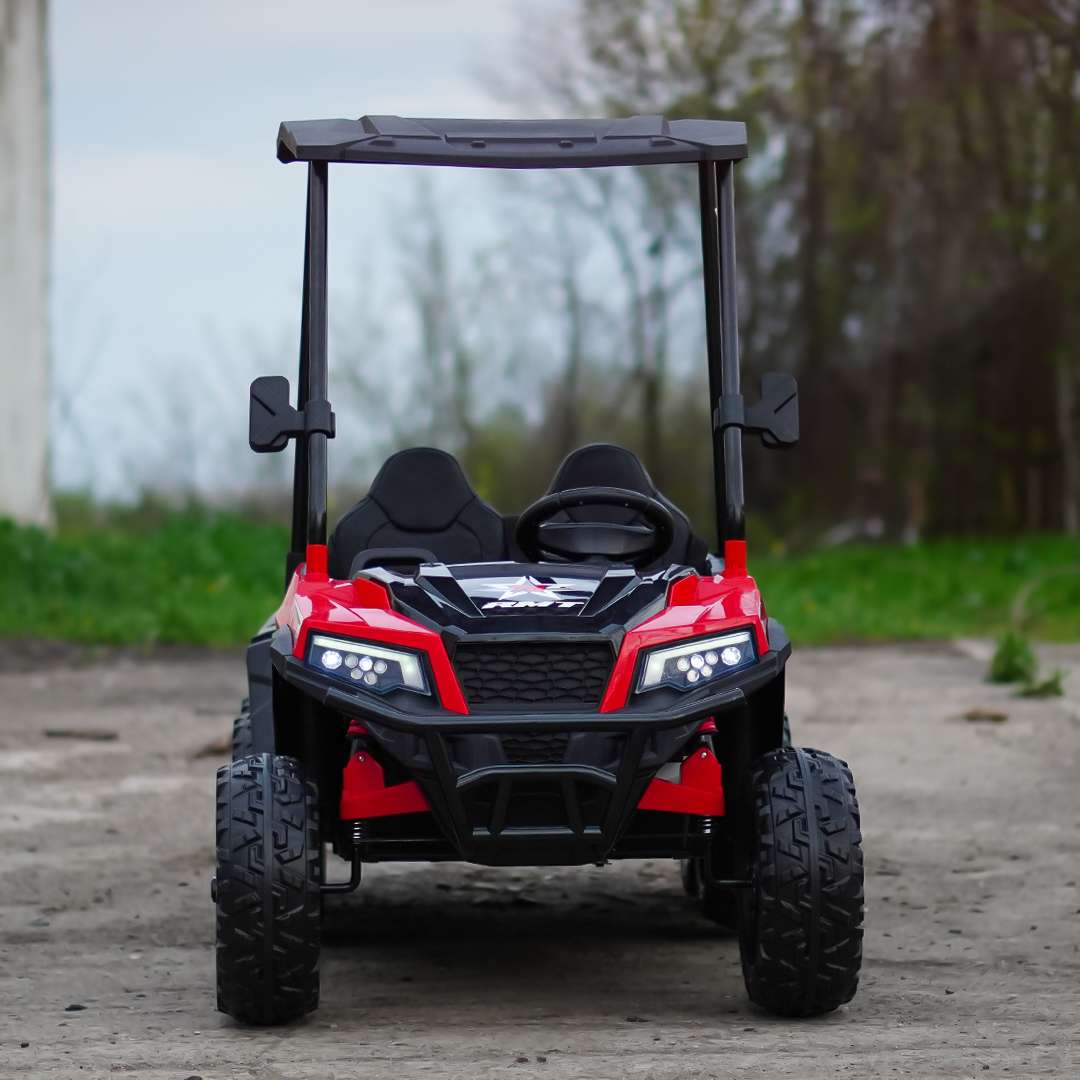 Premium 2-kohaline laste UTV, Gladiator stiilis, 180W 12V, pehmed EVA rattad, polsterdatud iste, Bluetooth, punane - Pilt 2