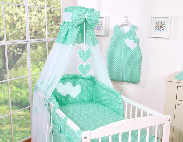Hanging Hearts 5-osaline baldahhiiniga komplekt, 120×90 cm, põrkekaitse 35×188 cm (täpiline variant)