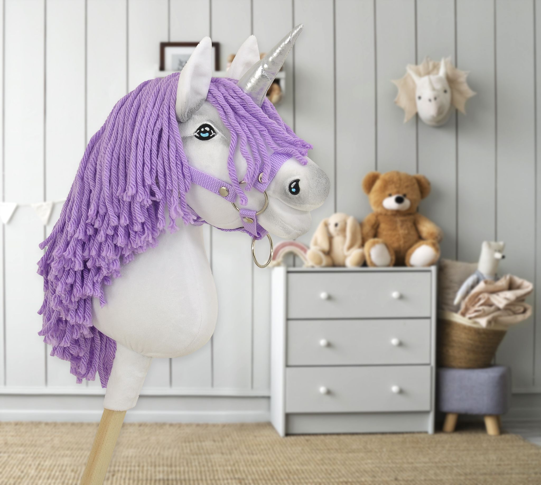 Super Hobby Horse ükssarvik A4 kepphobune – valge, lilla lakk - Pilt 7