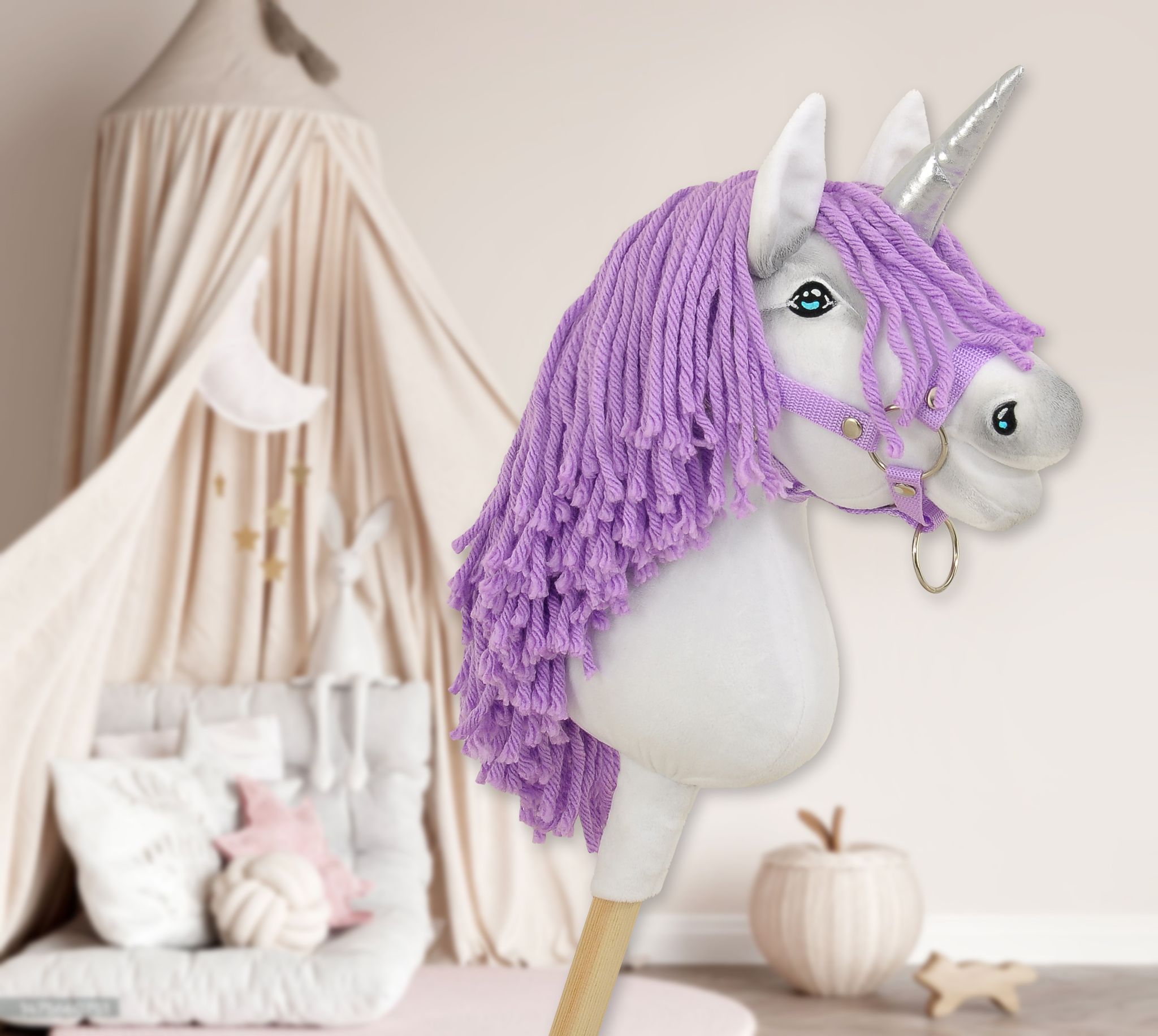 Super Hobby Horse ükssarvik A4 kepphobune – valge, lilla lakk - Pilt 8