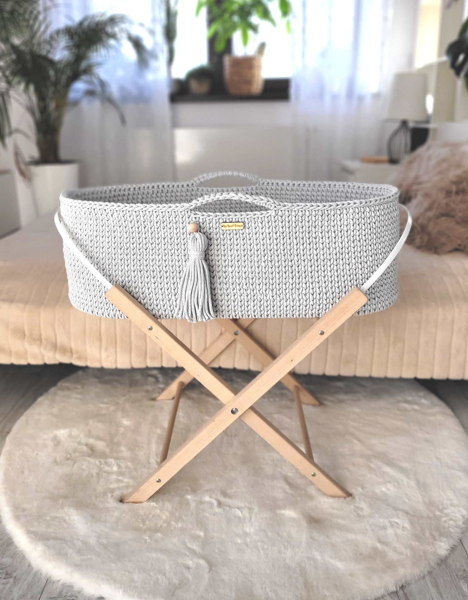 BOHO heegeldatud beebikorv koos alusega, helehall - Pilt 4