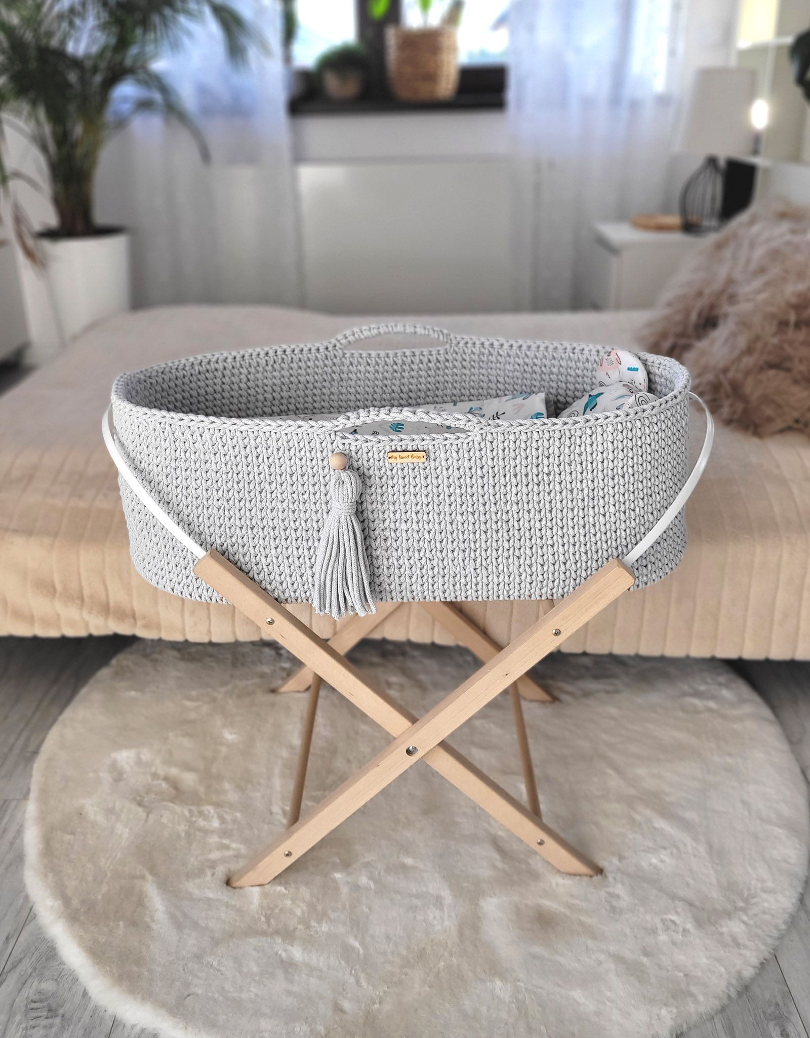 BOHO heegeldatud beebikorv koos alusega, helehall - Pilt 5