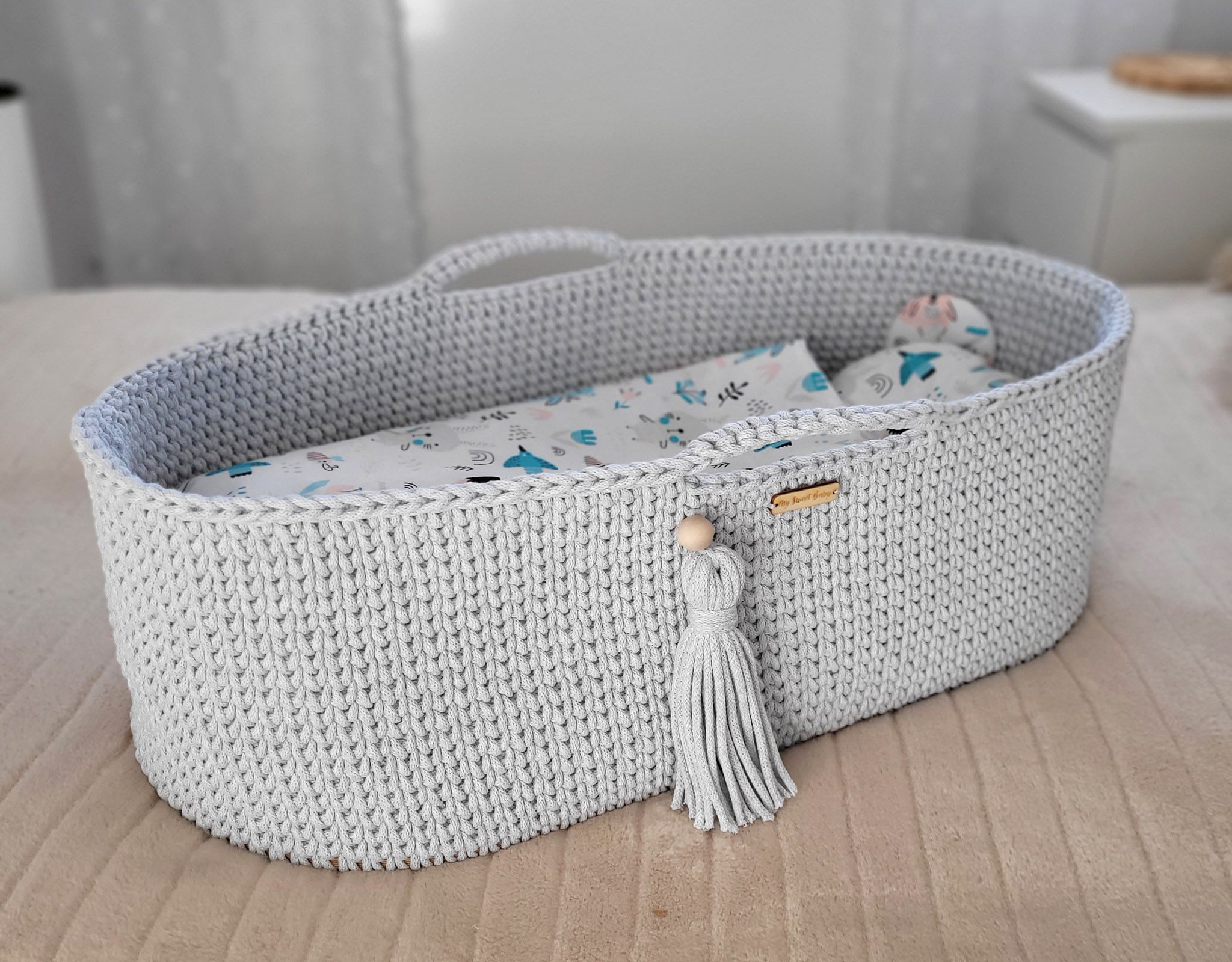 BOHO heegeldatud beebikorv koos alusega, helehall - Pilt 7