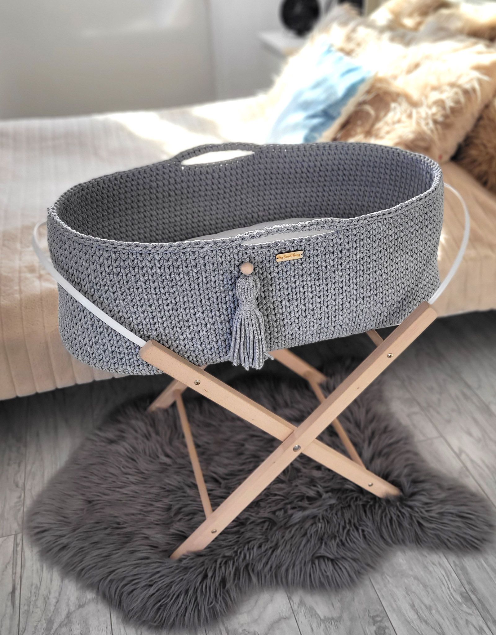 BOHO puuvillane beebikorv aluse ja madratsiga, tumehall - Pilt 3