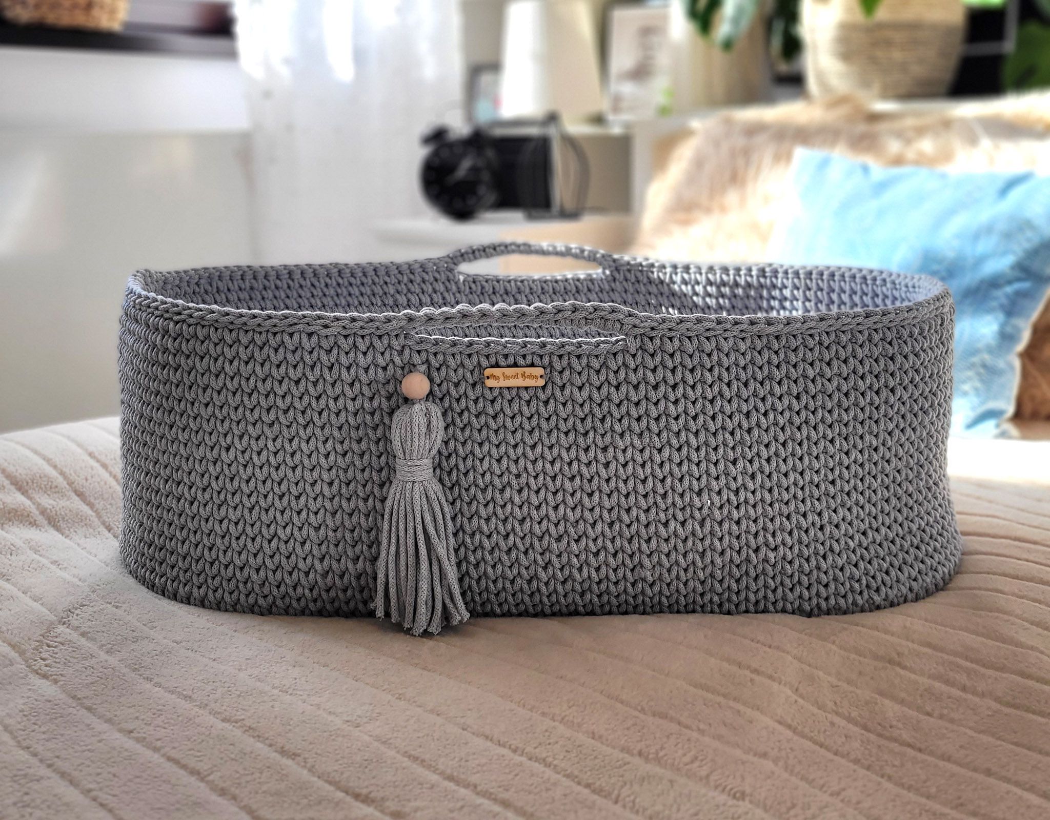 BOHO puuvillane beebikorv aluse ja madratsiga, tumehall - Pilt 4