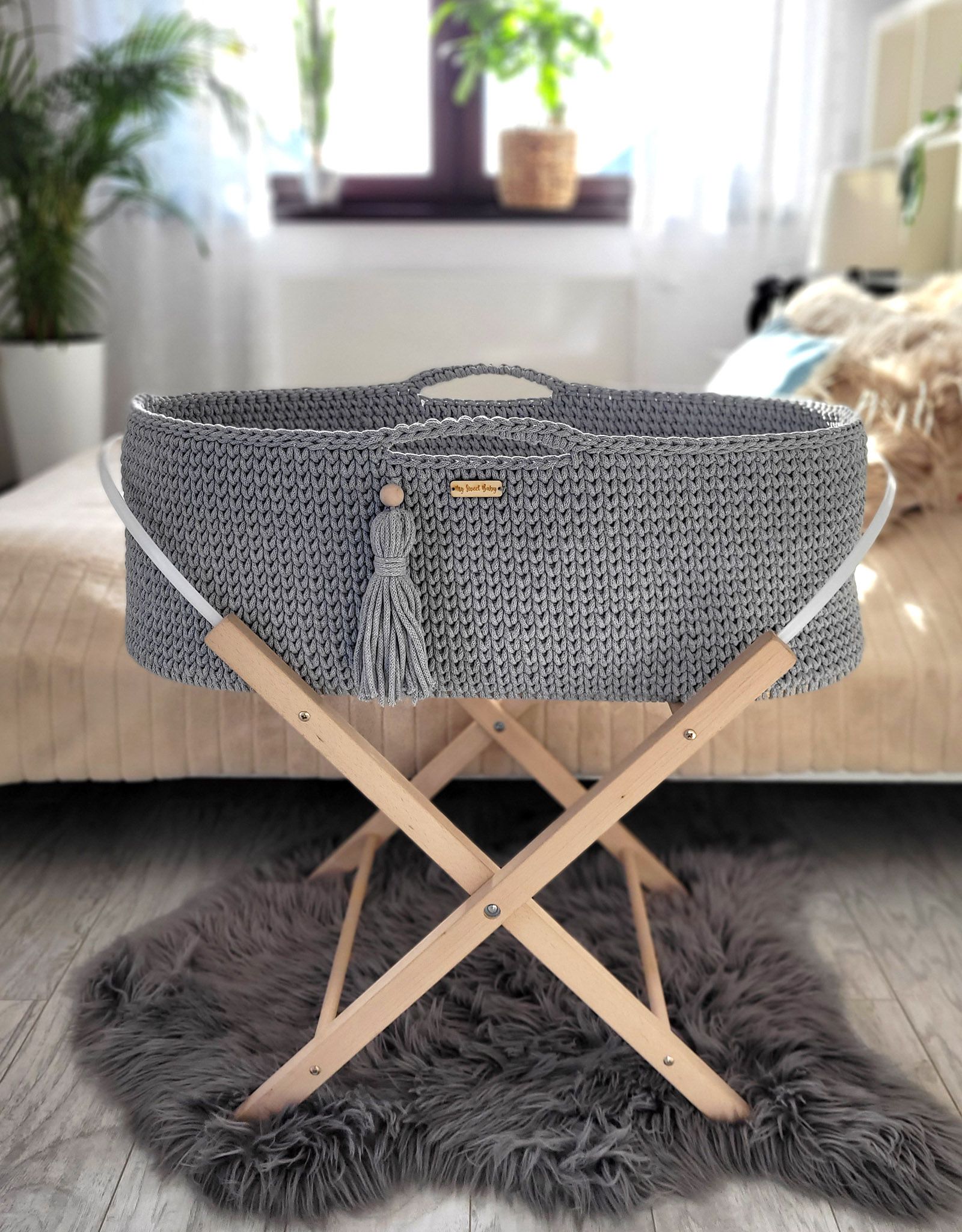 BOHO puuvillane Moses-korv madratsiga, tumehall - Pilt 4