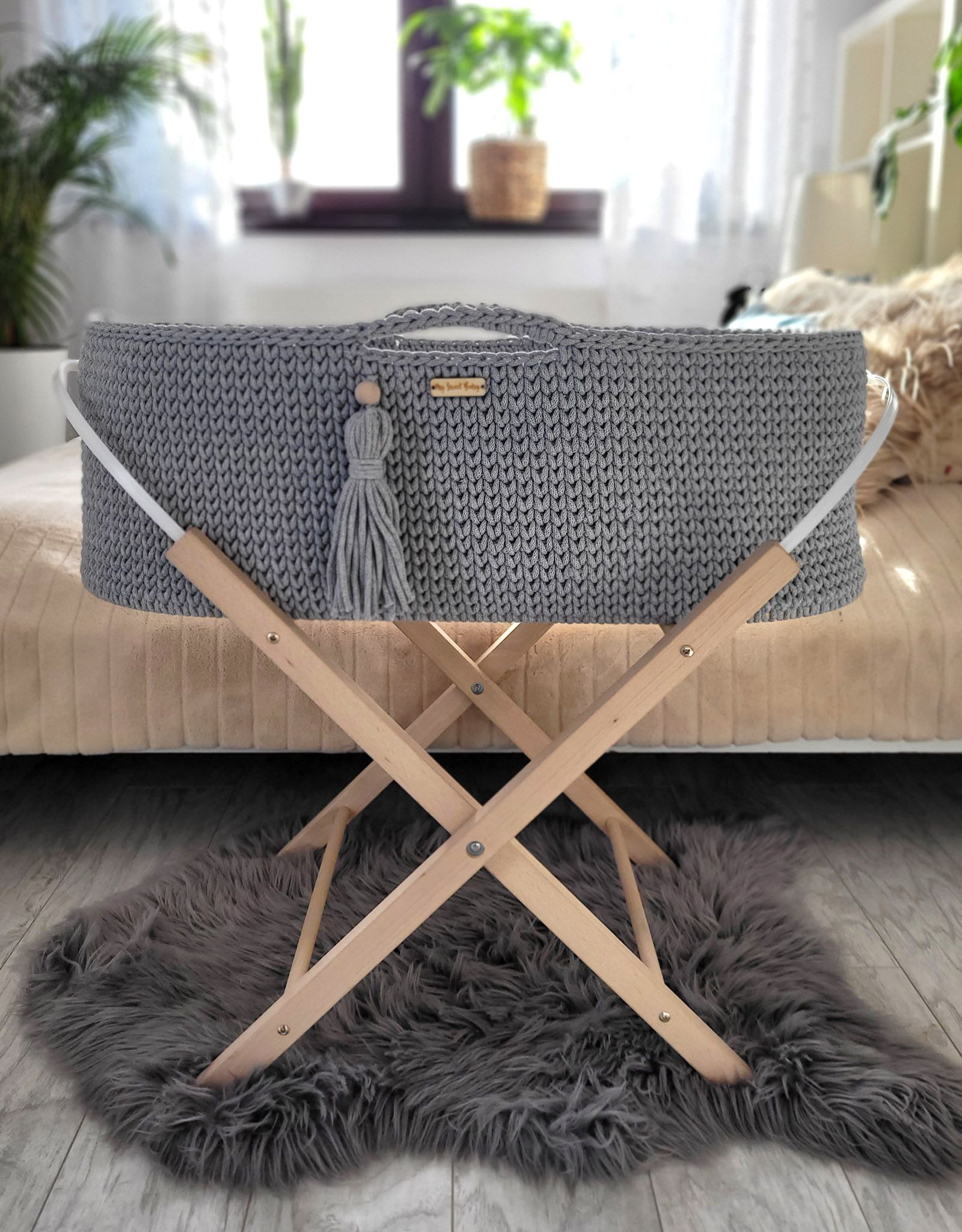 BOHO puuvillane beebikorv aluse ja madratsiga, tumehall - Pilt 5