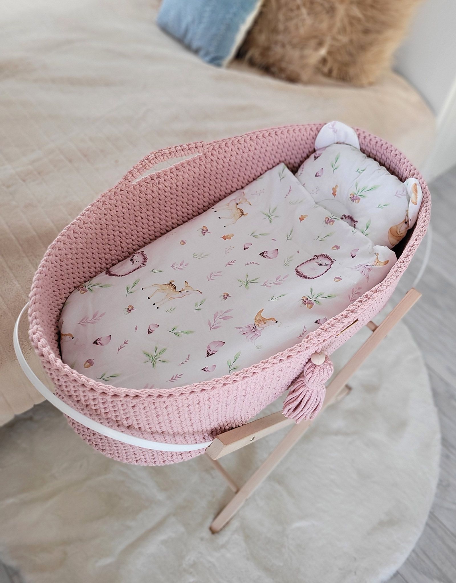 BOHO heegeldatud puuvillane beebikorv madratsiga - Pilt 5