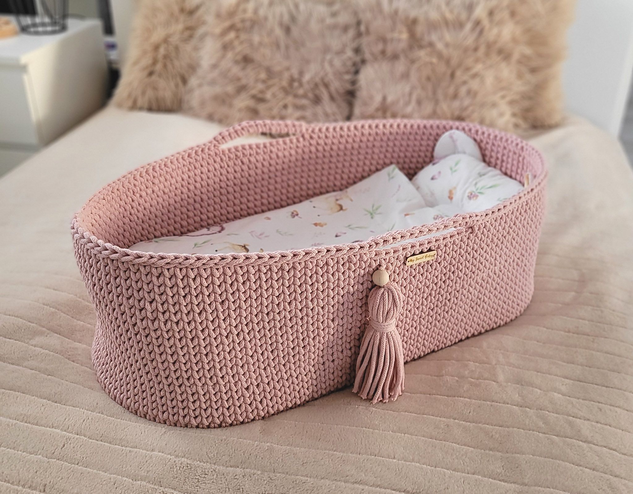 BOHO heegeldatud puuvillane beebikorv madratsiga - Pilt 6