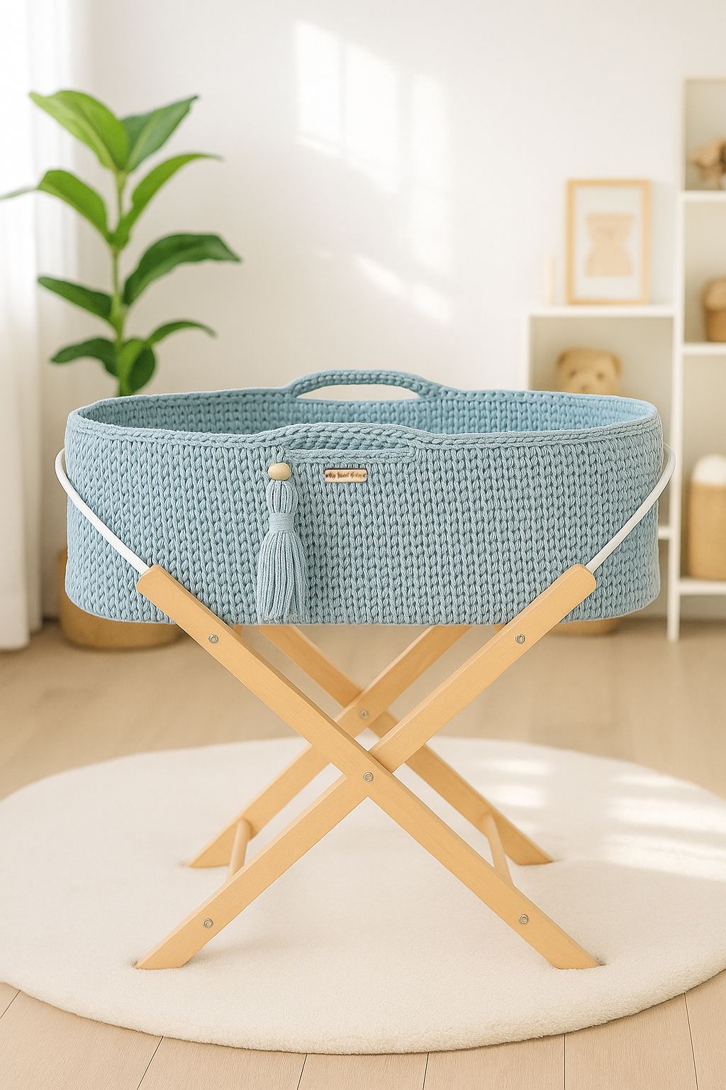 BOHO heegeldatud beebikorv alusega, udusinine - Pilt 2