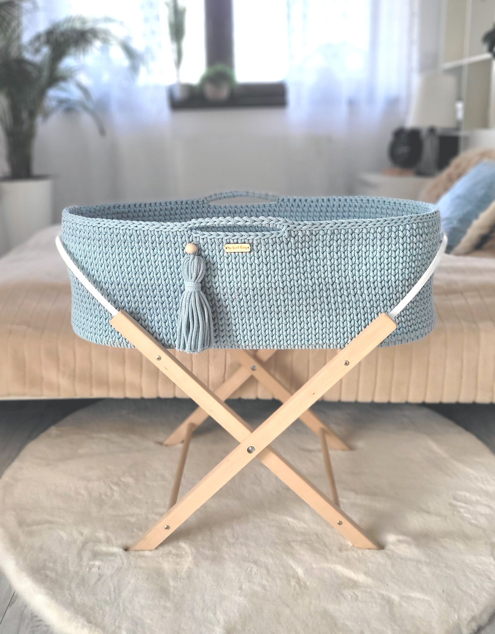 BOHO heegeldatud beebikorv alusega, udusinine - Pilt 3