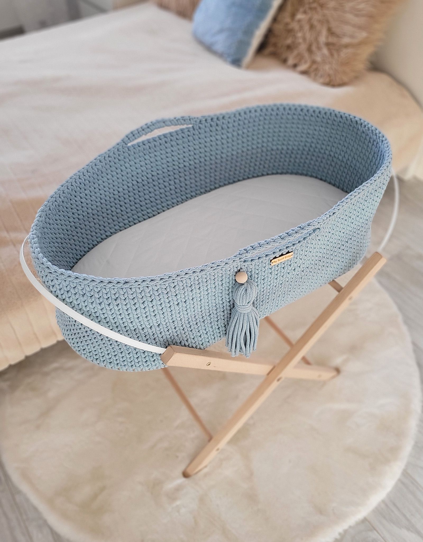 BOHO heegeldatud beebikorv alusega, udusinine - Pilt 4