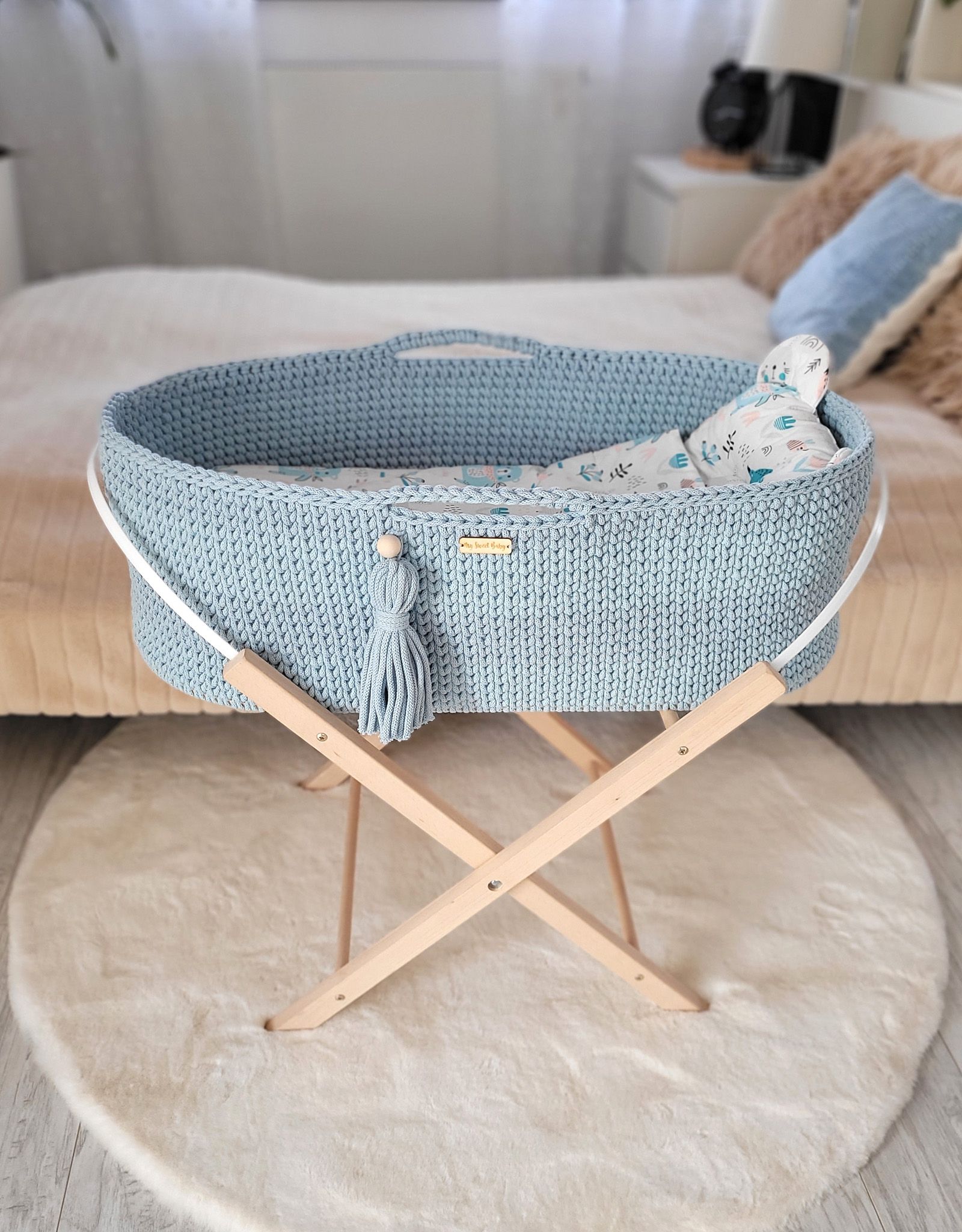 BOHO heegeldatud beebikorv alusega, udusinine - Pilt 5