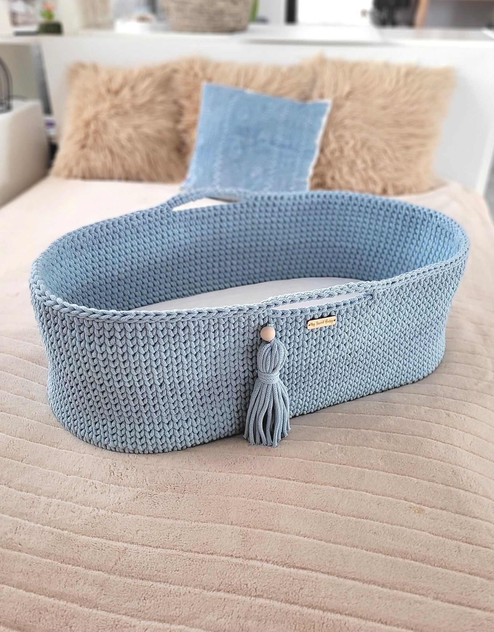 BOHO heegeldatud beebikorv alusega, udusinine - Pilt 6