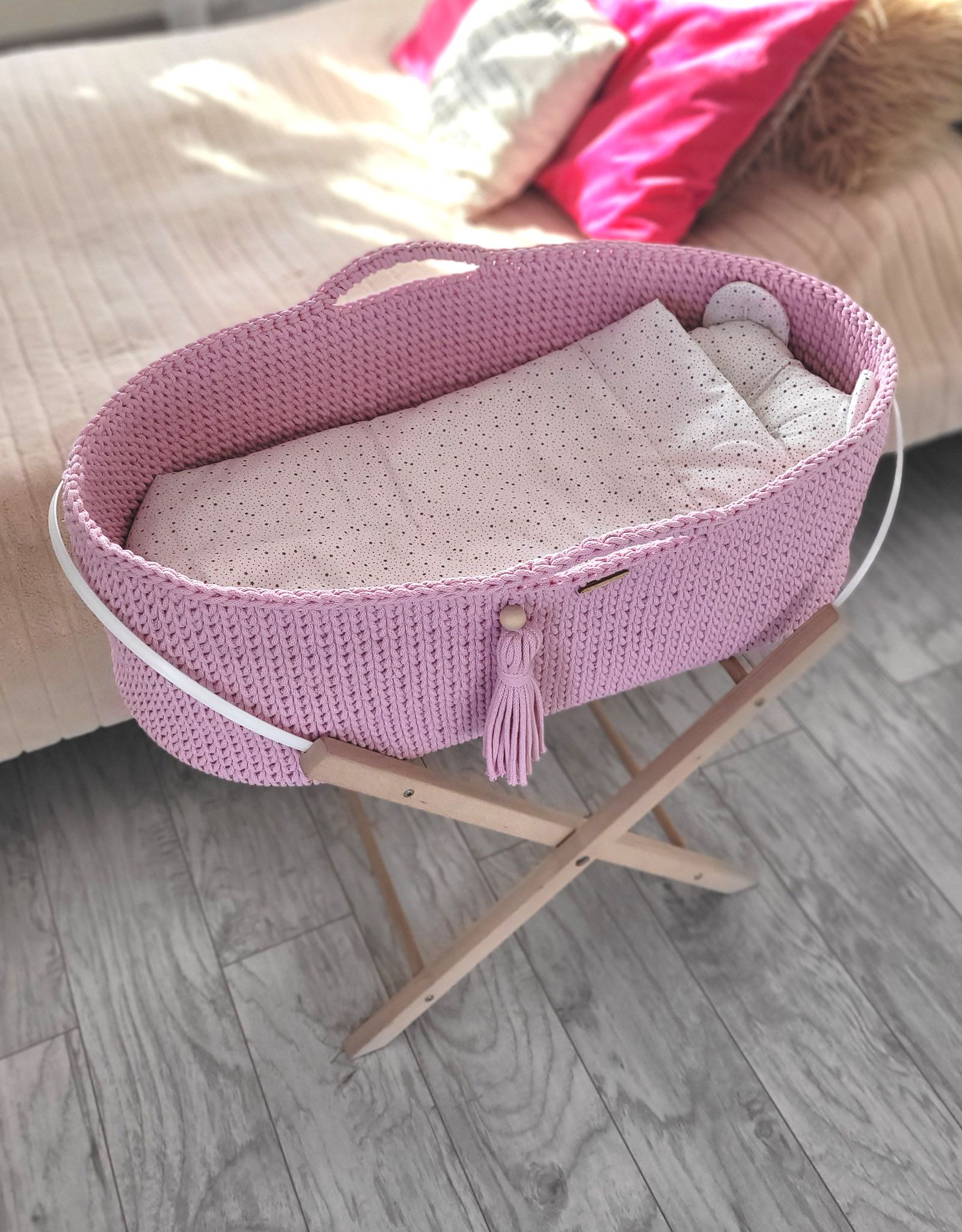 BOHO heegeldatud hällikorv koos alusega, roosa - Pilt 5