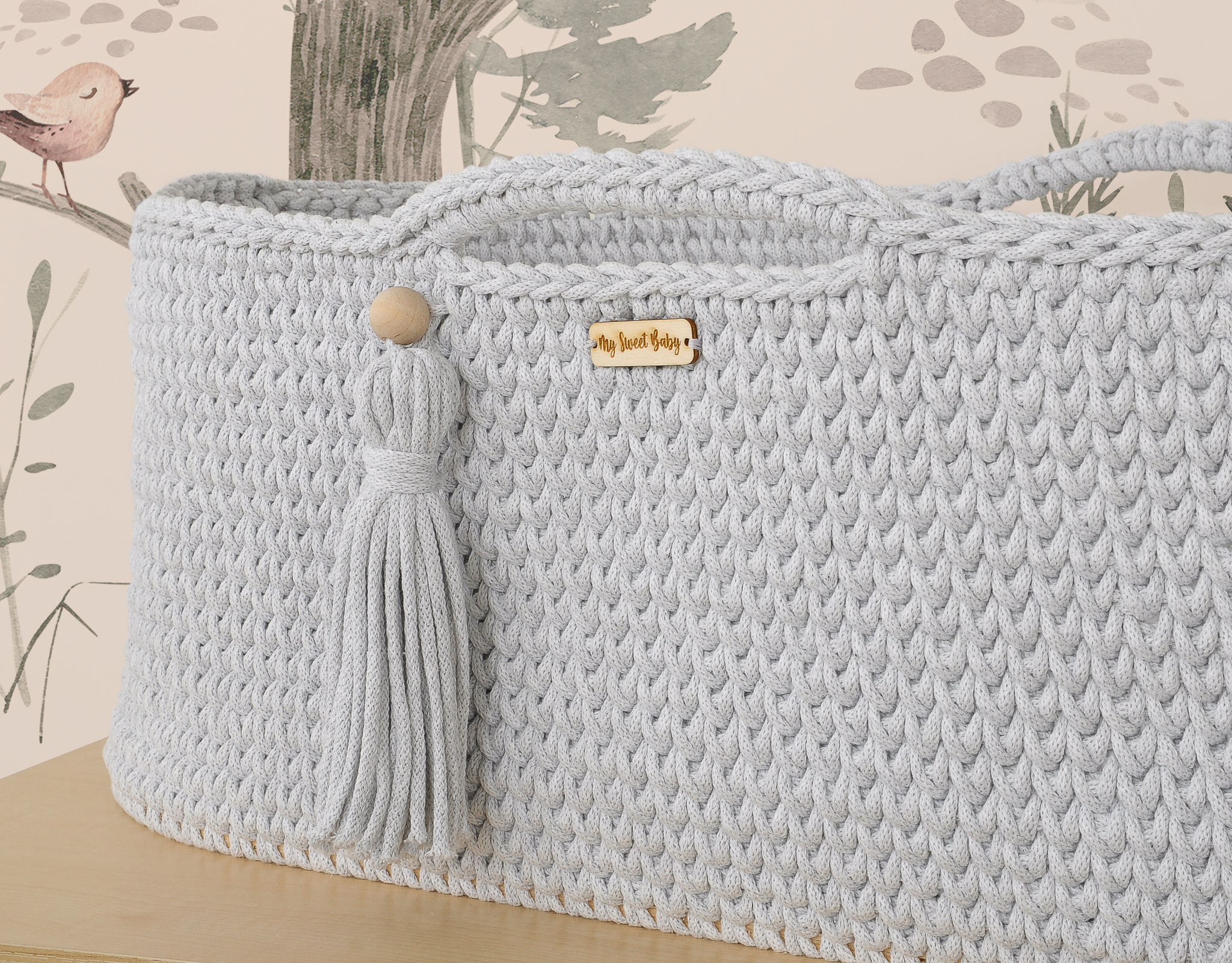 BOHO heegeldatud beebikorv koos alusega, helehall - Pilt 8