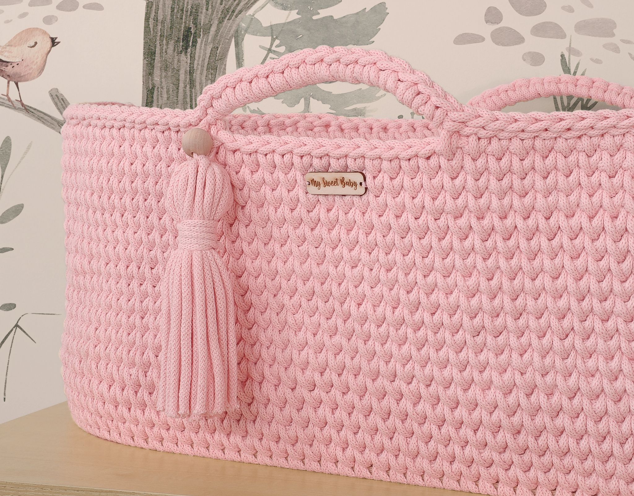 BOHO heegeldatud hällikorv koos alusega, roosa - Pilt 7