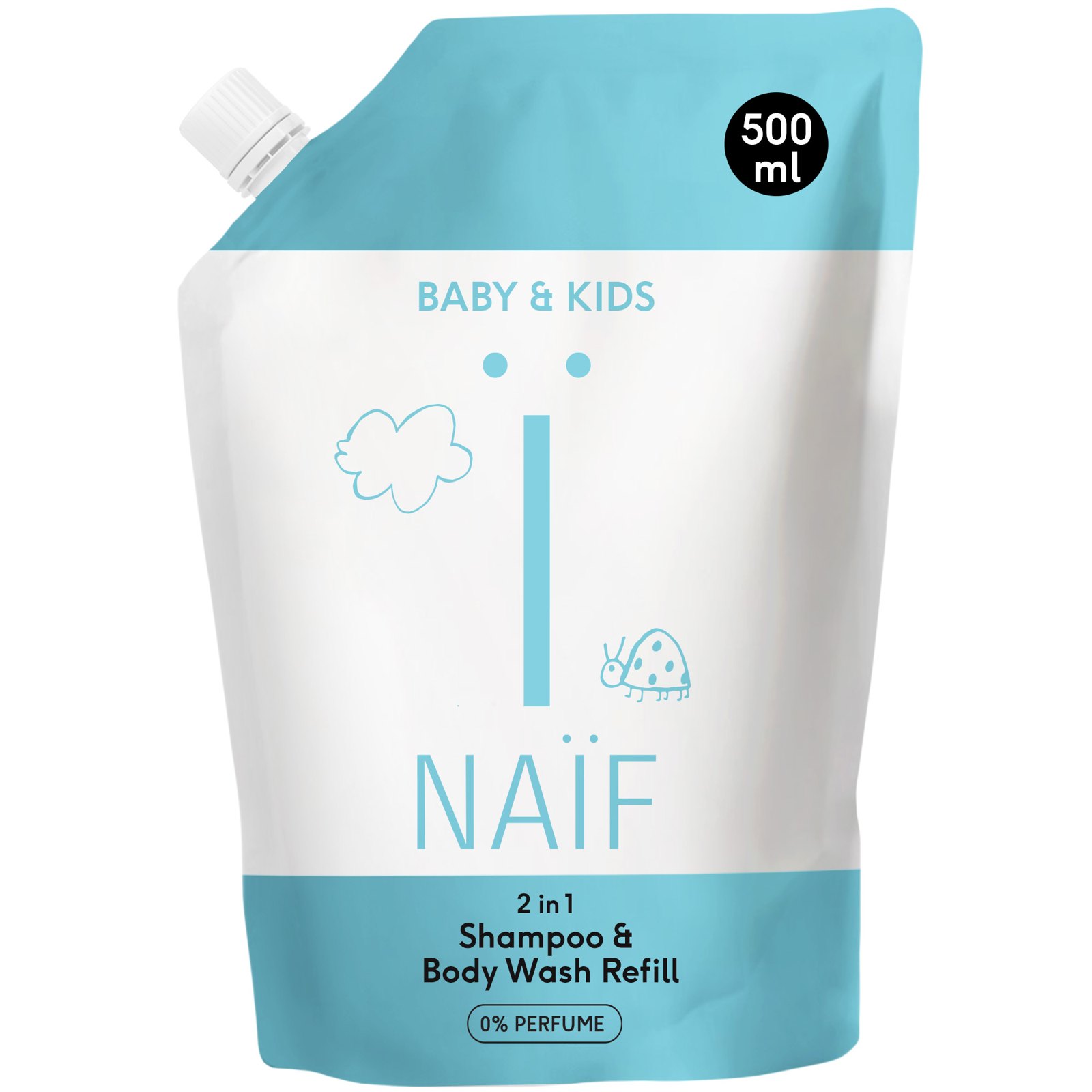 NAÏF 2-in-1 šampoon ja pesugeel, lõhnaaineteta, täitepakk 500 ml