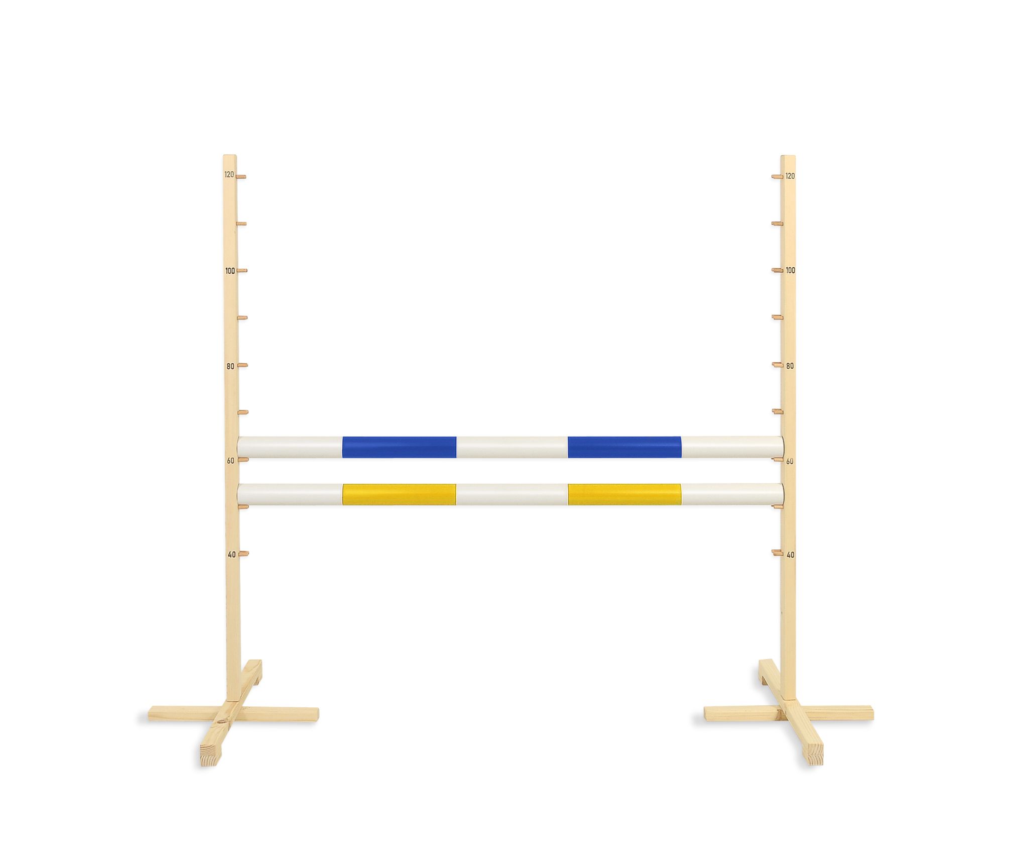 Hüppetakistus kepphobusele 120 cm, sinise ja kollase latiga